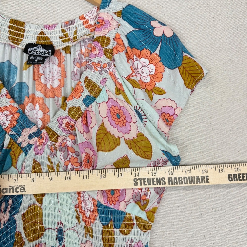 Floral Smocked Tiered Maxi Dress Blue Pink Orange Size M Cottage Core Fairy - Picture 8 of 10